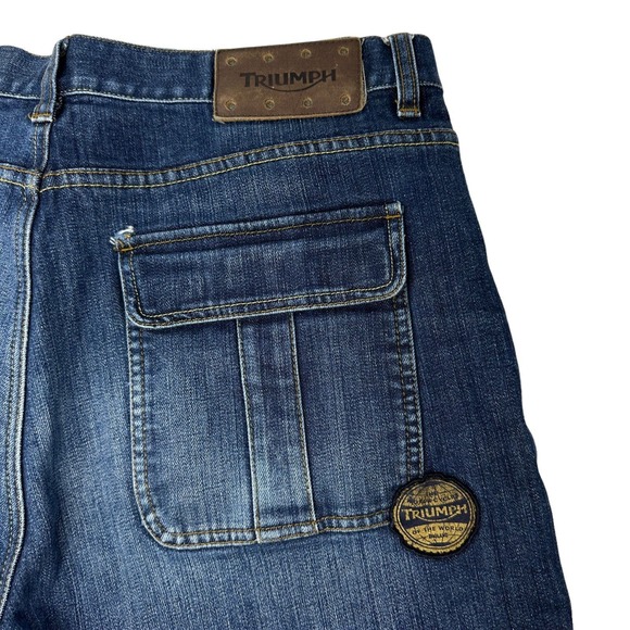 TRIUMPH MOTORCYCLE Jeans Blue Gusseted Double Knee Denim Flap Pockets 36X34 - Picture 13 of 16